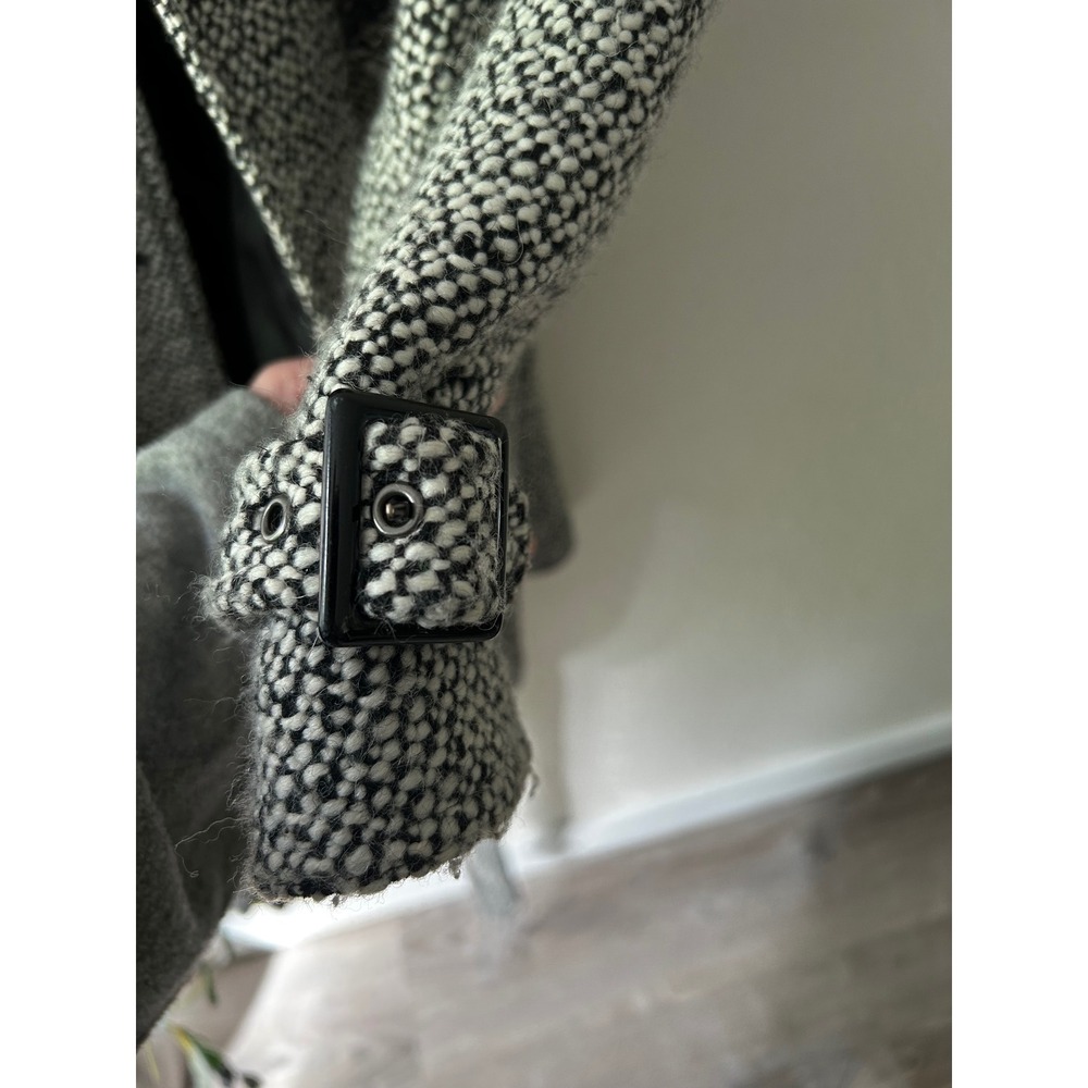 Worthington Womens 1X Black White Boucle Funnel Neck Belted Trench Coat Jacket - Picture 14 of 15